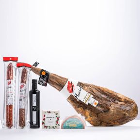 Jamón de bellota 100% raza ibérca + productos gourmet de regalo